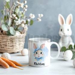 Påskmugg Med Påskkanin I Blått Med Namn – 330 ml