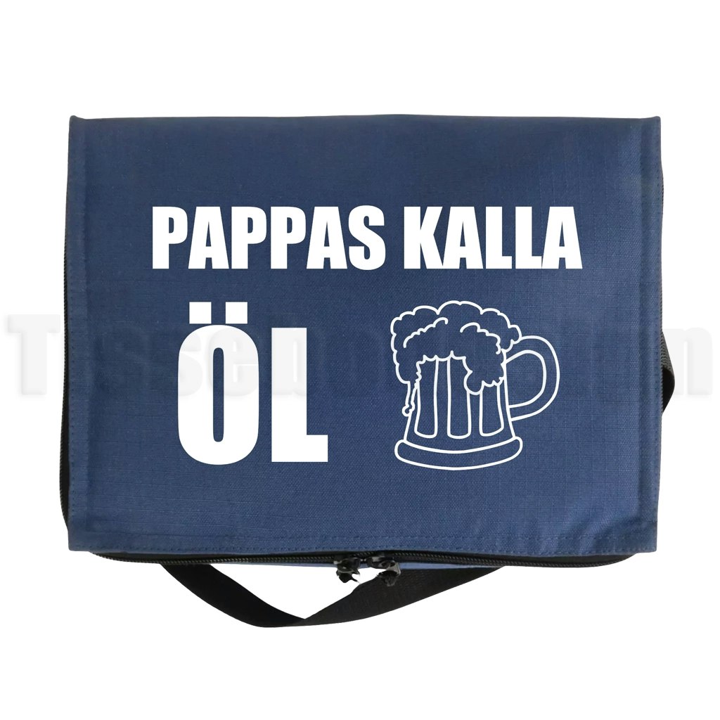 Kylväska med texten Pappas kalla öl och ölsejdel – marinblå modell med humoristiskt budskap