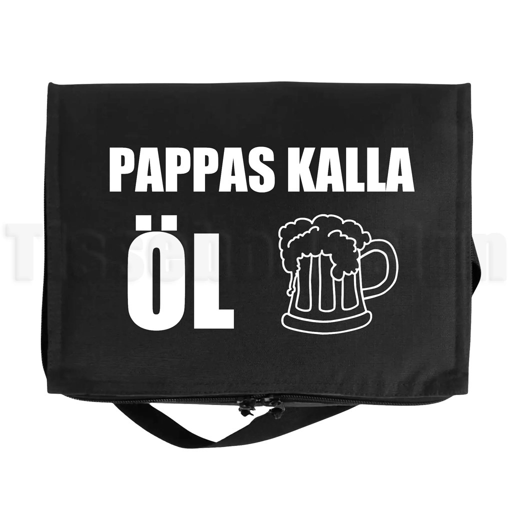Kylväska med texten Pappas kalla öl och ölsejdel – svart modell med humoristiskt budskap