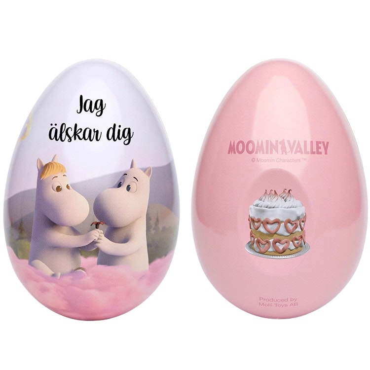 Muminpåskägg i plåt, 15 cm, med motiv av Mumin och Snorkfröken samt personligt nam..