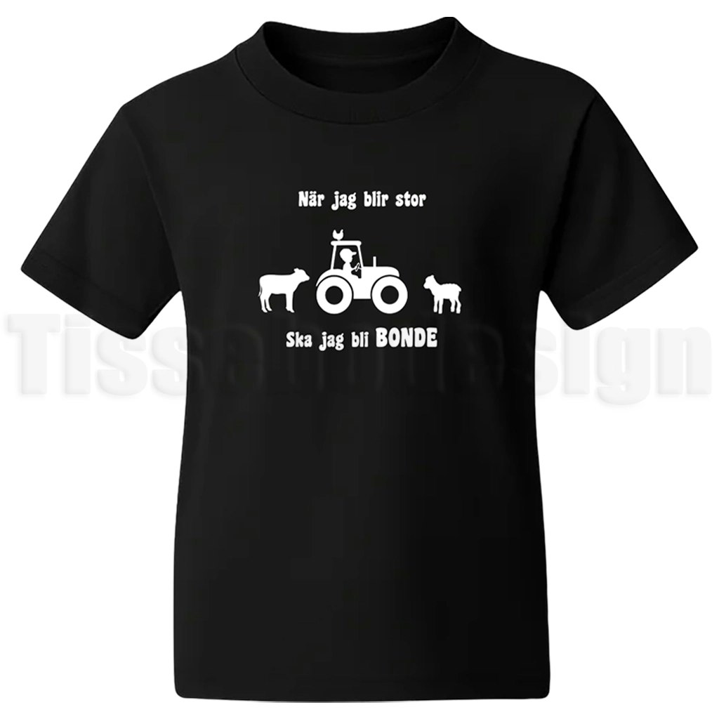 T-shirt med texten När jag blir stor ska jag bli bonde samt traktor, ko och får – pojkmotiv
