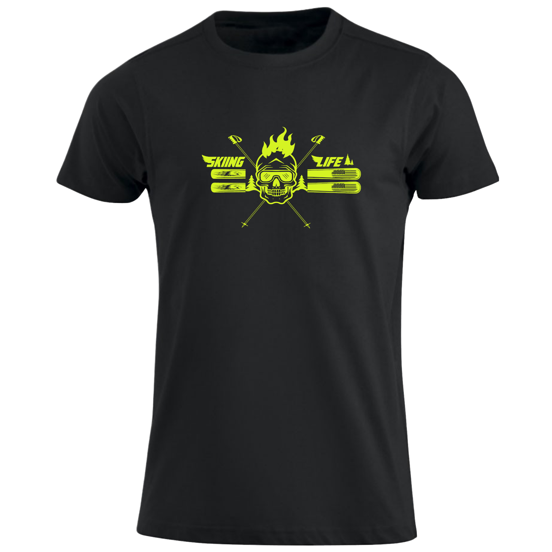 T-shirt med motivet Skiing Life i neongult. Dödskalle med skidglasögon, skidor och stavar i neongult tryck på svart T-shirt.