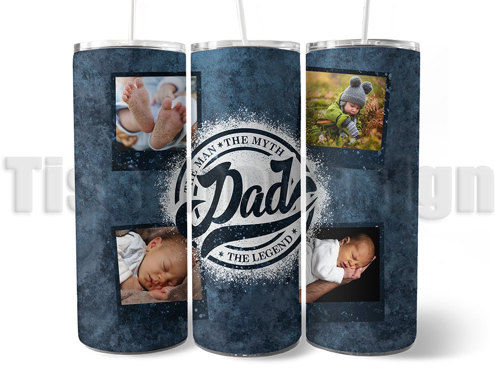 20 oz tumbler med tryck Dad: The Man, The Myth, The Legend och personliga bilder. Isolerad mugg för varma och kalla drycker, perfekt present till pappa.