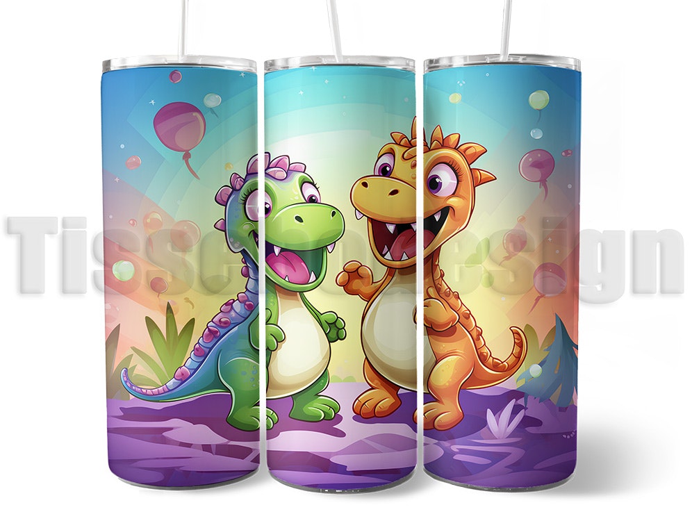 Färgglad tumbler - termomugg med motiv av glada dinosaurier på en lekfull bakgrund, isolerad för varma och kalla drycker, med sugrör och rengöringsborste.