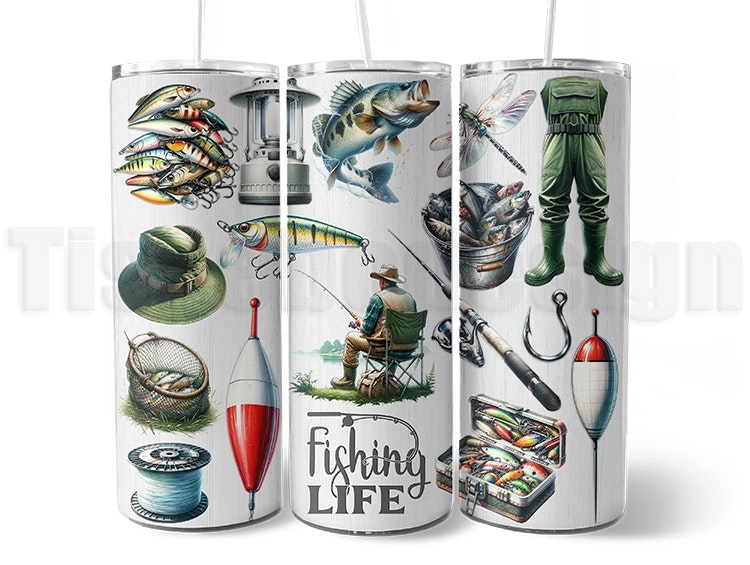 Vit 20 oz (ca 600 ml) tumbler med fiskemotiv: fiskare, spö, flöte, fiskar, drag och vadarbyxor. Termosmugg för sportfiskare.