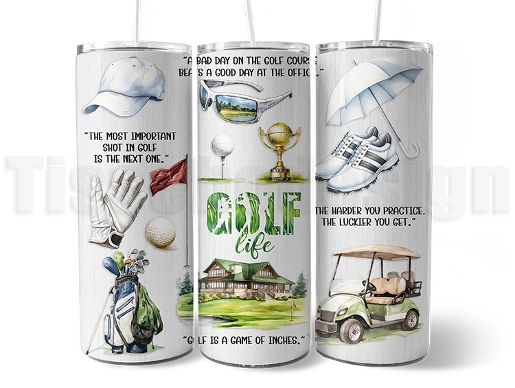 Vit 20 oz (ca 600 ml) tumbler med golfmotiv: golfbag, bil, klubbor, citat och trofé. En termosmugg med sportig design för golfälskare.