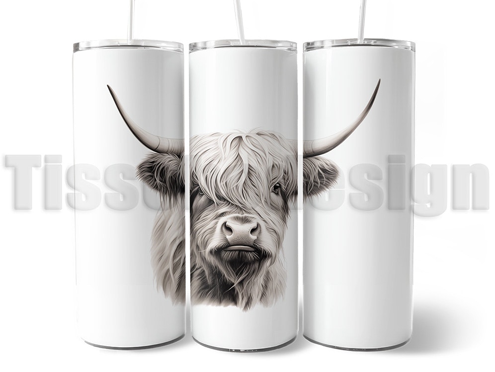 Tumbler - termomugg med motiv av en Highland Cow, isolerad för varma och kalla drycker, med sugrör och rengöringsborste.