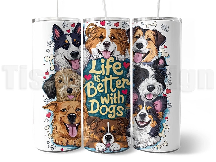 Vit 20 oz (ca 600 ml) tumbler med hundmotiv: glada tecknade hundar, hjärtan och texten "Life is Better with Dogs". Termosmugg för hundälskare.