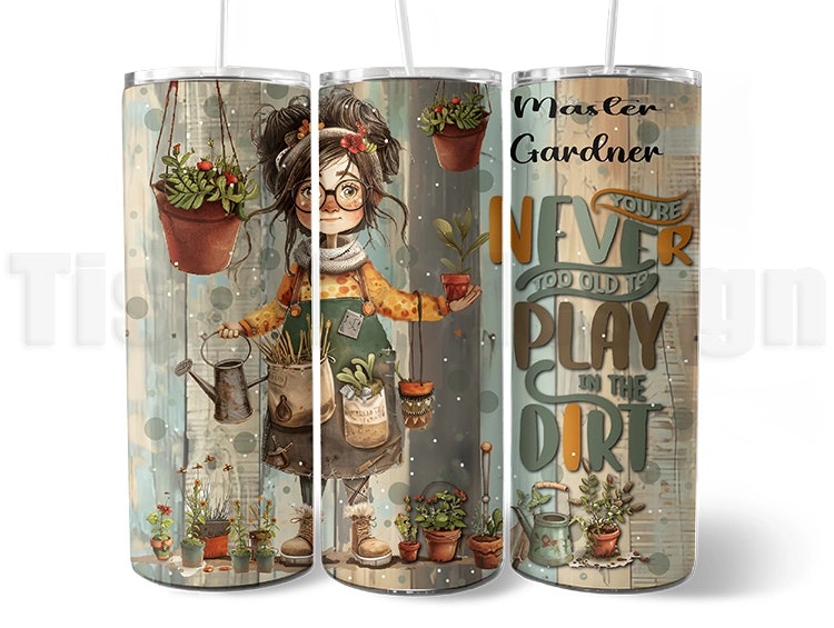 Vit 20 oz (ca 600 ml) tumbler med trädgårdsmotiv, handritad figur, växter och citat. En termosmugg för odlare och plant lovers.