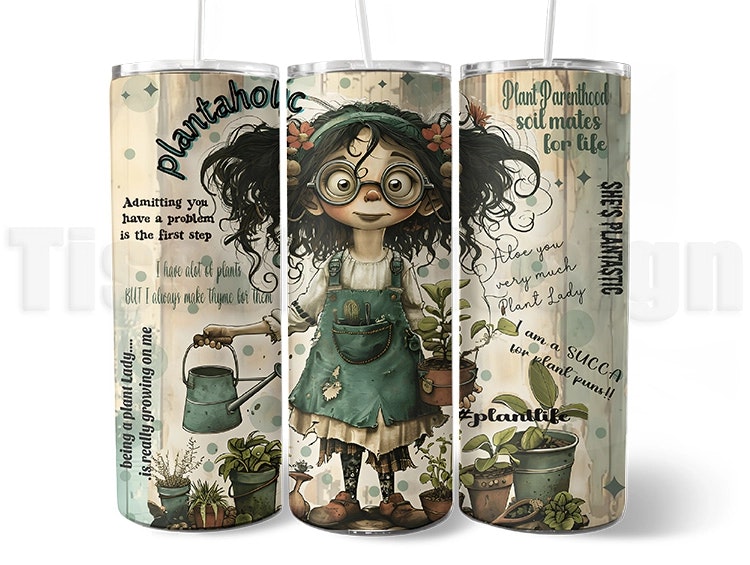 Vit 20 oz (ca 600 ml) tumbler med växtmotiv, tecknad växtälskare och humoristiska citat. Termosmugg för plant parents.