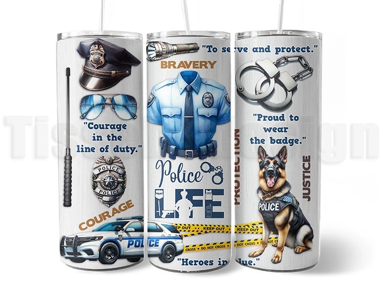 Vit 20 oz (ca 600 ml) tumbler med polisrelaterade motiv: uniform, hund, badge, fordon och citat. Perfekt termosmugg för blåljuspersonal.