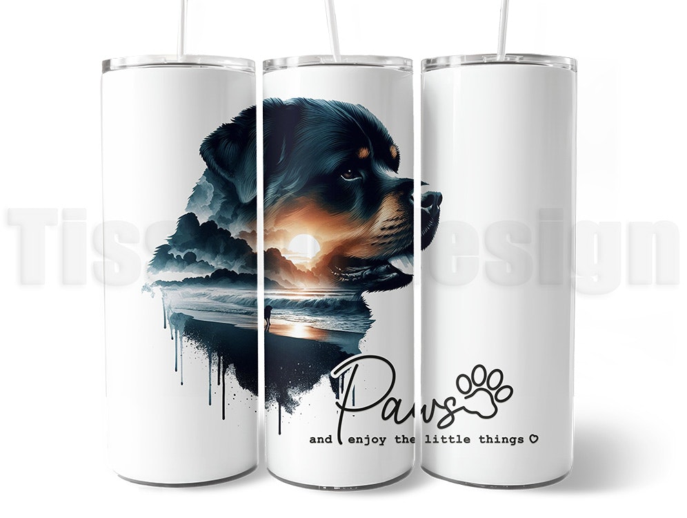 20 oz tumbler - termomugg Med Tryck av rottweiler-motiv, vakuumisolerad med spillfritt lock och rengöringsborste för sugrör.