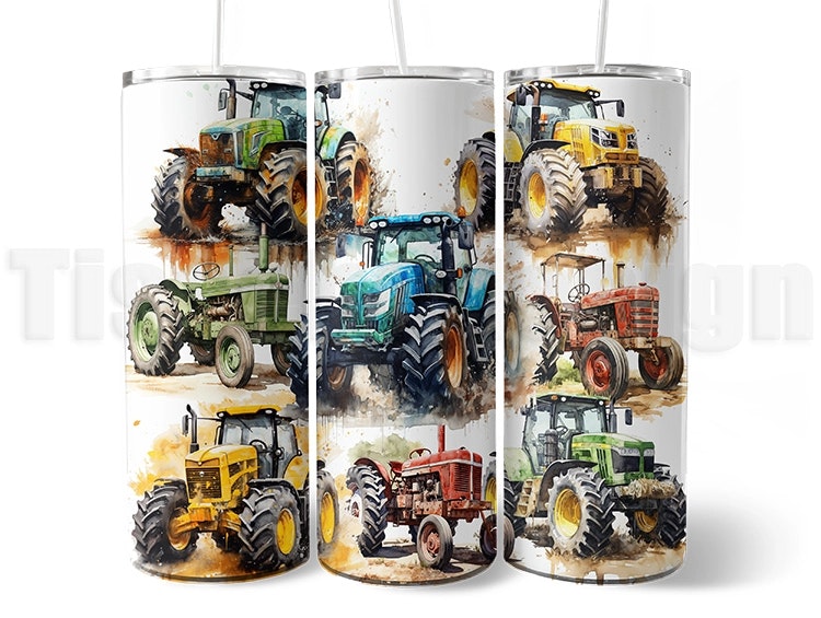 Vit 20 oz (ca 600 ml) tumbler med akvarellmotiv av traktorer i olika färger. Termosmugg för lantbrukare och maskinälskare.