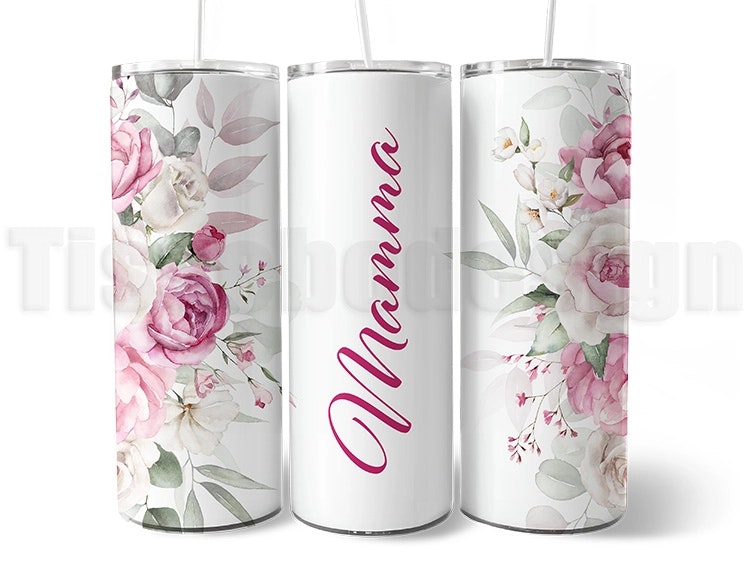 Vit 20 oz (ca 600 ml) tumbler med rosa text “Mamma” och romantiskt blomstertryck i akvarellstil. Termosmugg för mamma – perfekt gåva till mors dag.