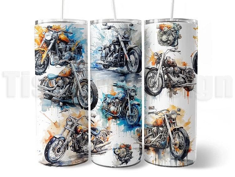 Vit 20 oz (ca 600 ml) tumbler med motorcykelmotiv i akvarellstil – flera hojar i färg och action. Termosmugg för bikers och MC-älskare.