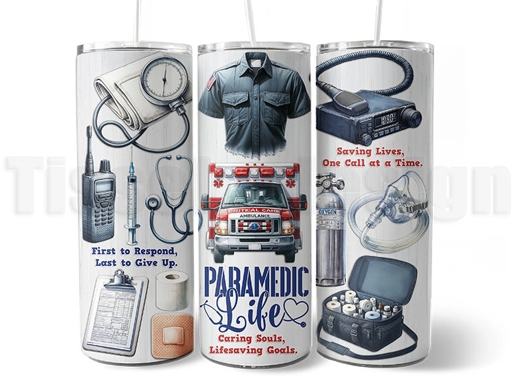 Vit 20 oz (ca 600 ml) tumbler med ambulansmotiv: uniform, utrustning, fordon och citat. Termosmugg för ambulanspersonal och vårdhjältar.