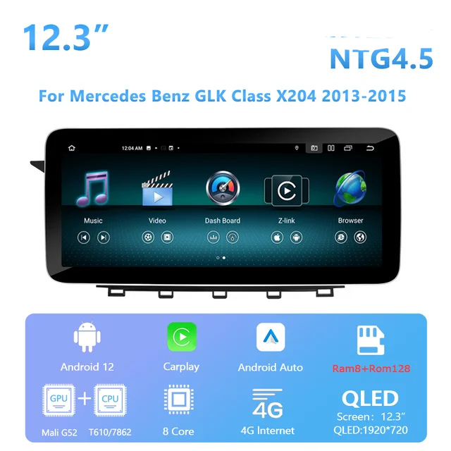 12.3" android 12 bilstereo Mercedes Benz GLK-Class X204  2008-2012  Original NTG 4.0 system gps carplay android auto blåtand rds Dsp RAM :8GB,ROM :128GB, wifi ,4G LTE