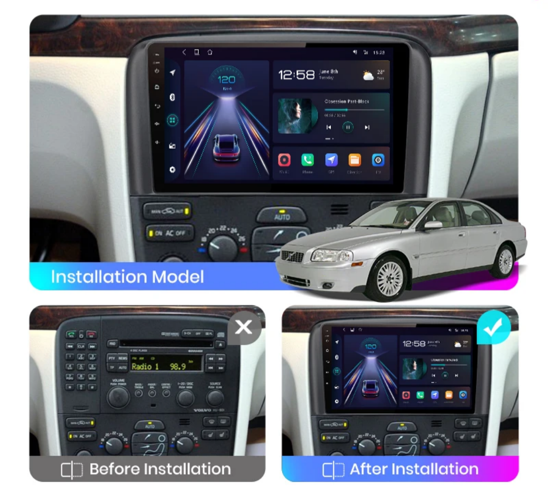9"android 13, bilstereo volvo S80( 1998--2006) gps wifi carplay android auto blåtand rds Dsp RAM: 8GB, ROM: 256GB, 4G LTE + gratis backkamera