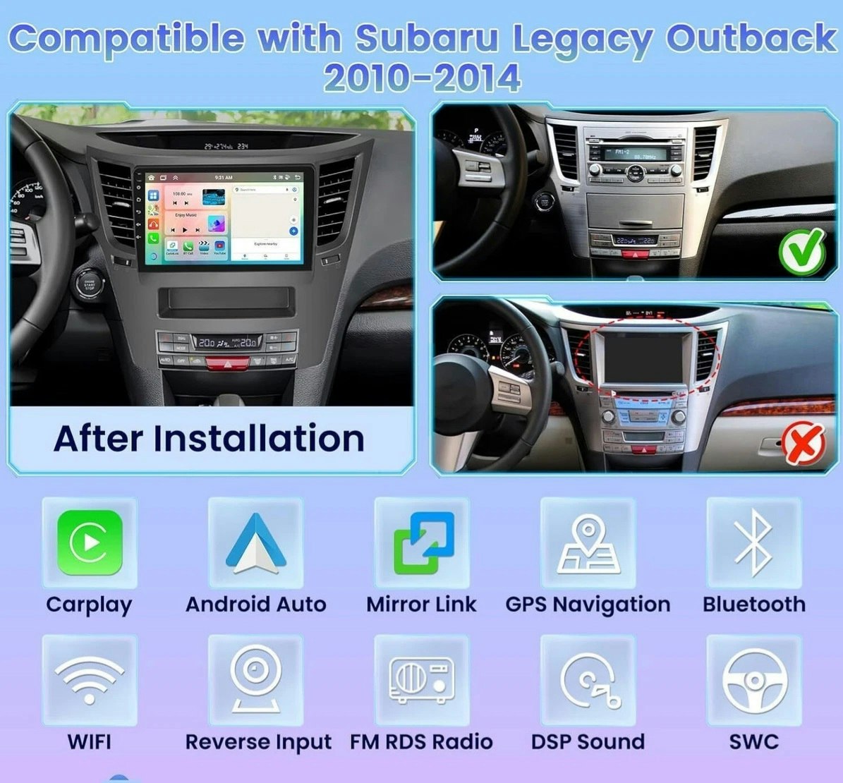 9"android 14 bilstereo  Subaru Outback  ( 2010--2016) gps wifi carplay android auto blåtand rds Dsp RAM:2GB,ROM: 64GB