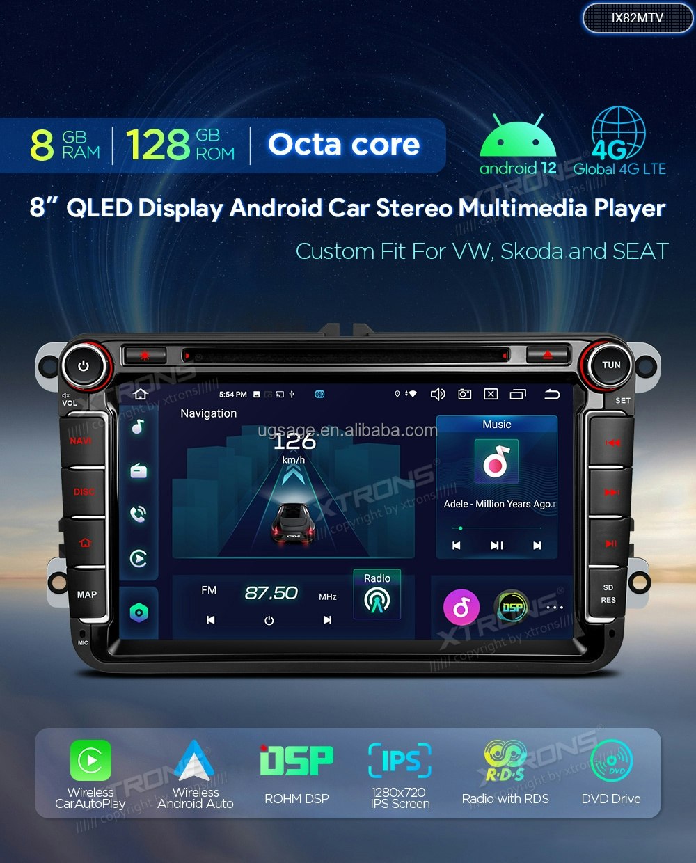 8"android 14, bilstereo  skoda bilar( 2004---2015) gps wifi carplay android auto blåtand rds Dsp RAM: 8GB, ROM: 128GB, 4G LTE