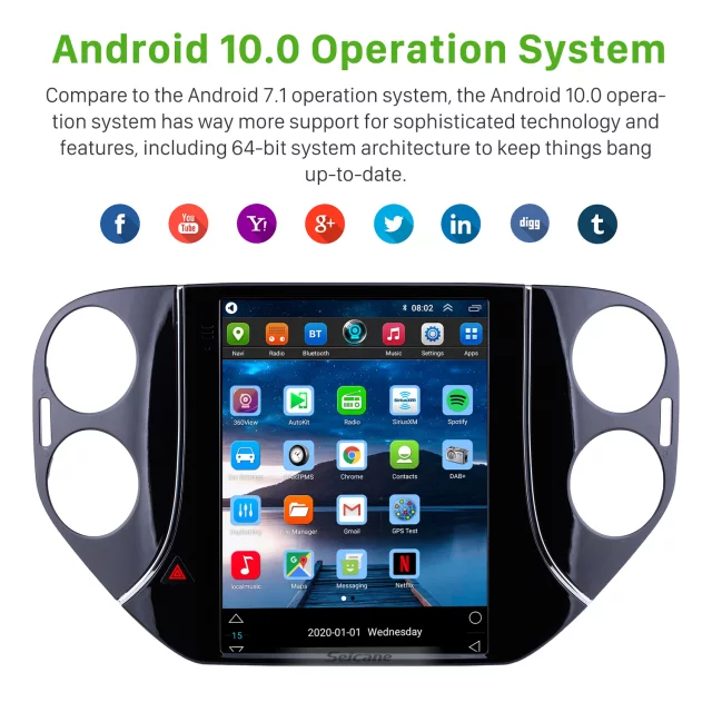 9,7 " android 10, bilstereo vw tiguan (2010---2016)gps, wifi, 32GB, blåtand