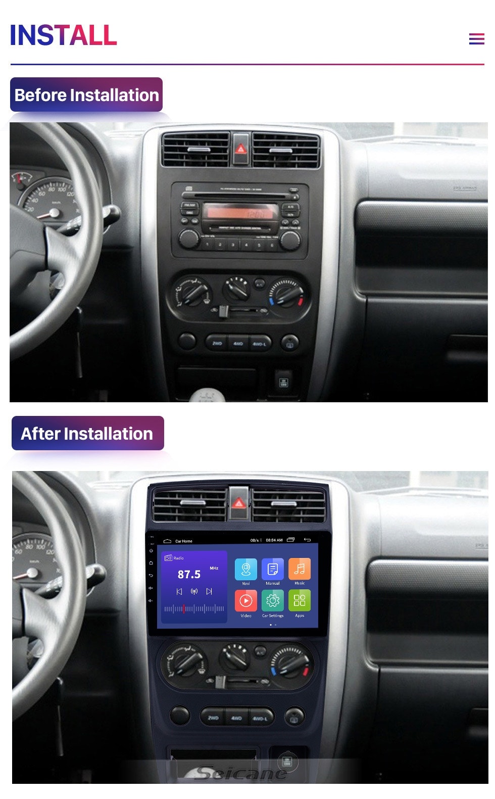 9"android 10,bilstereo Suziki Jimny (2007--2012) gps, carplay  wifi  Android auto, 32GB blåtand, RDS