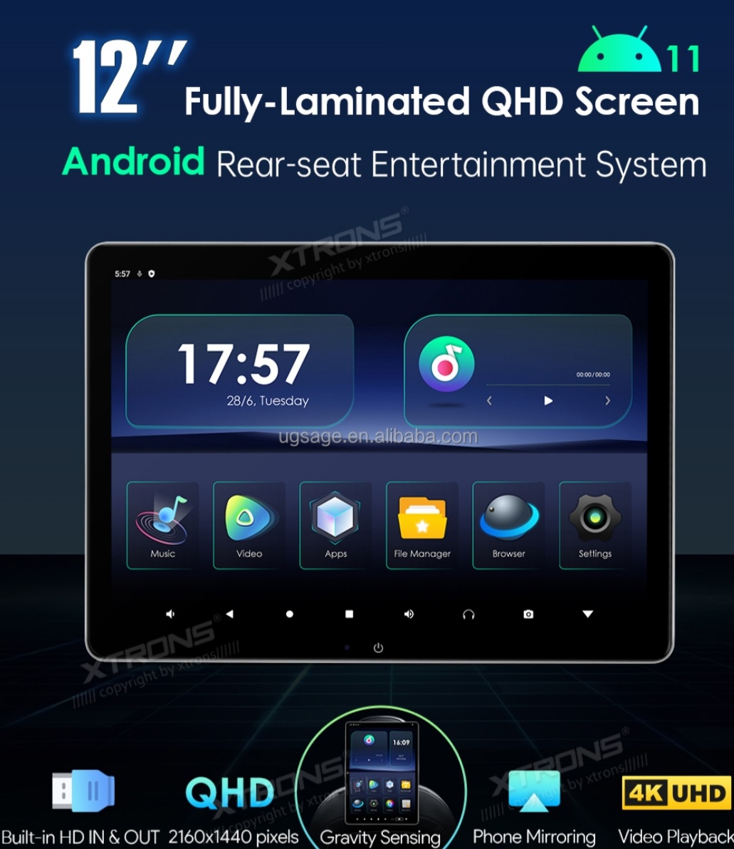 12" Android11, Underhållningssystem för baksätet, 32 Gb, dubbla WIFI