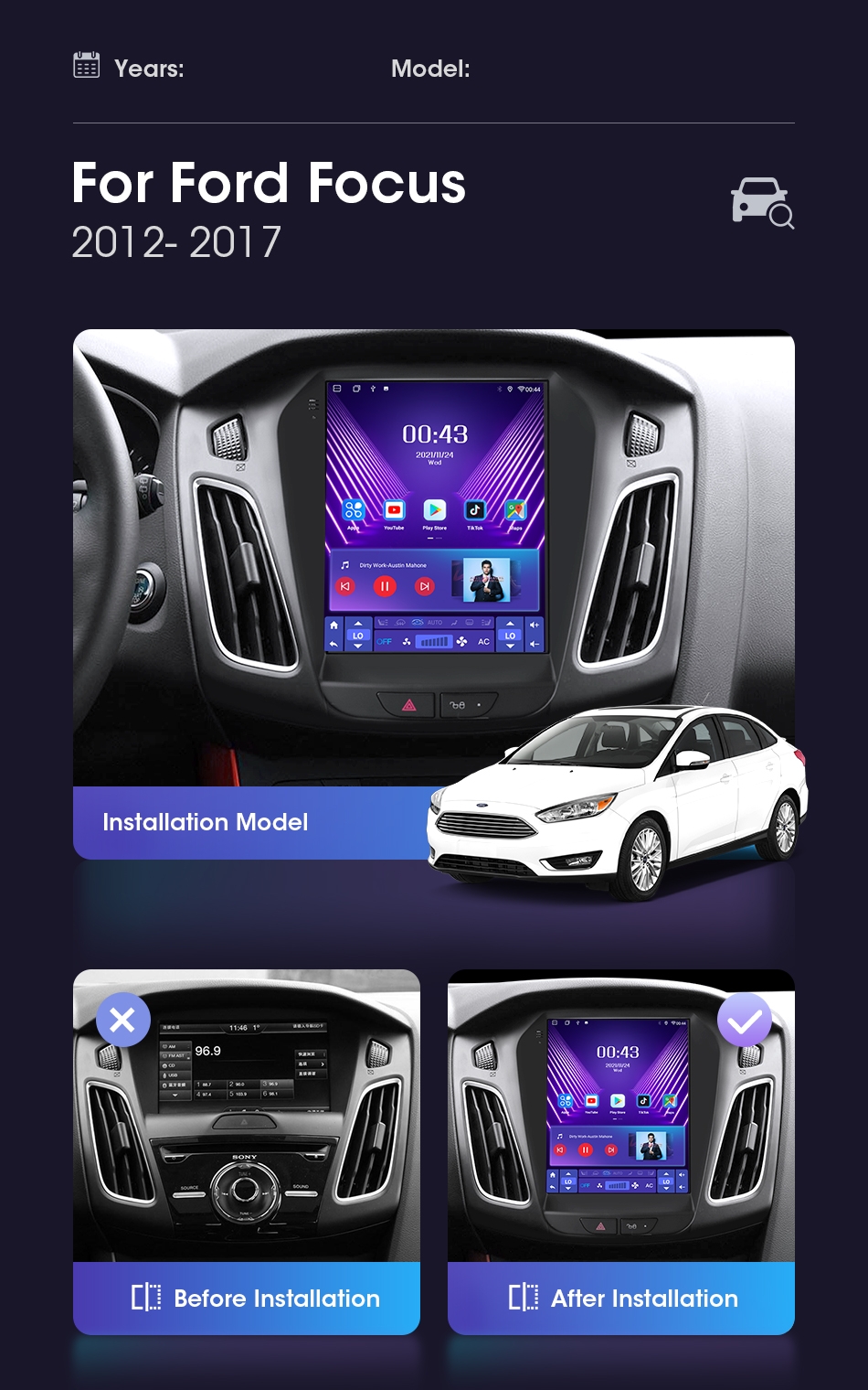 9.7"android 12, bilstereo  FORD FOCUS  3 Mk3 (2012---2019) gps wifi carplay android auto blåtand rds Dsp 32gb