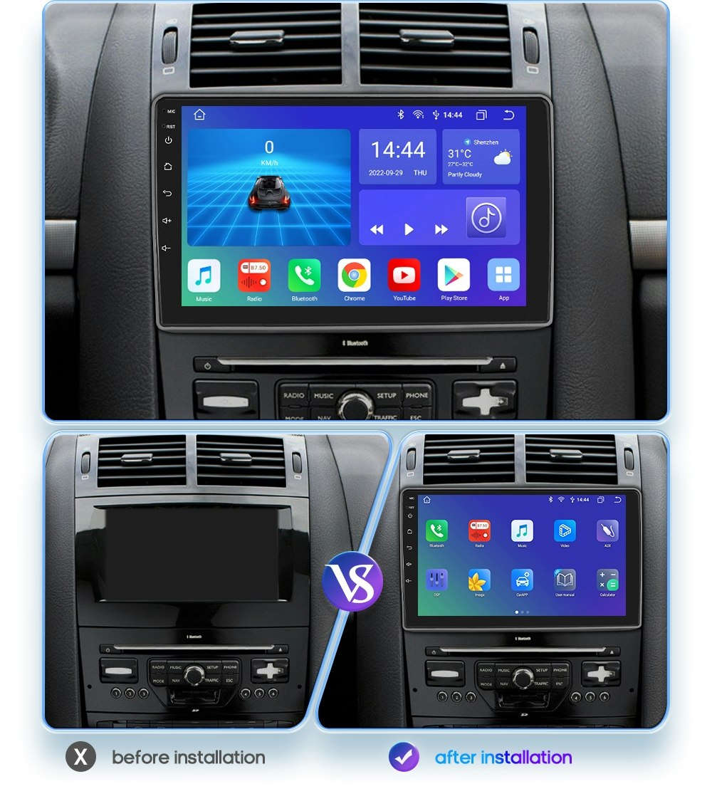 9"android 12,,bilstereo  Peugeot  407( 2004--2011) gps wifi carplay android auto blåtand rds Dsp  RAM: 4GB, ROM: 64GB, 4GSIM