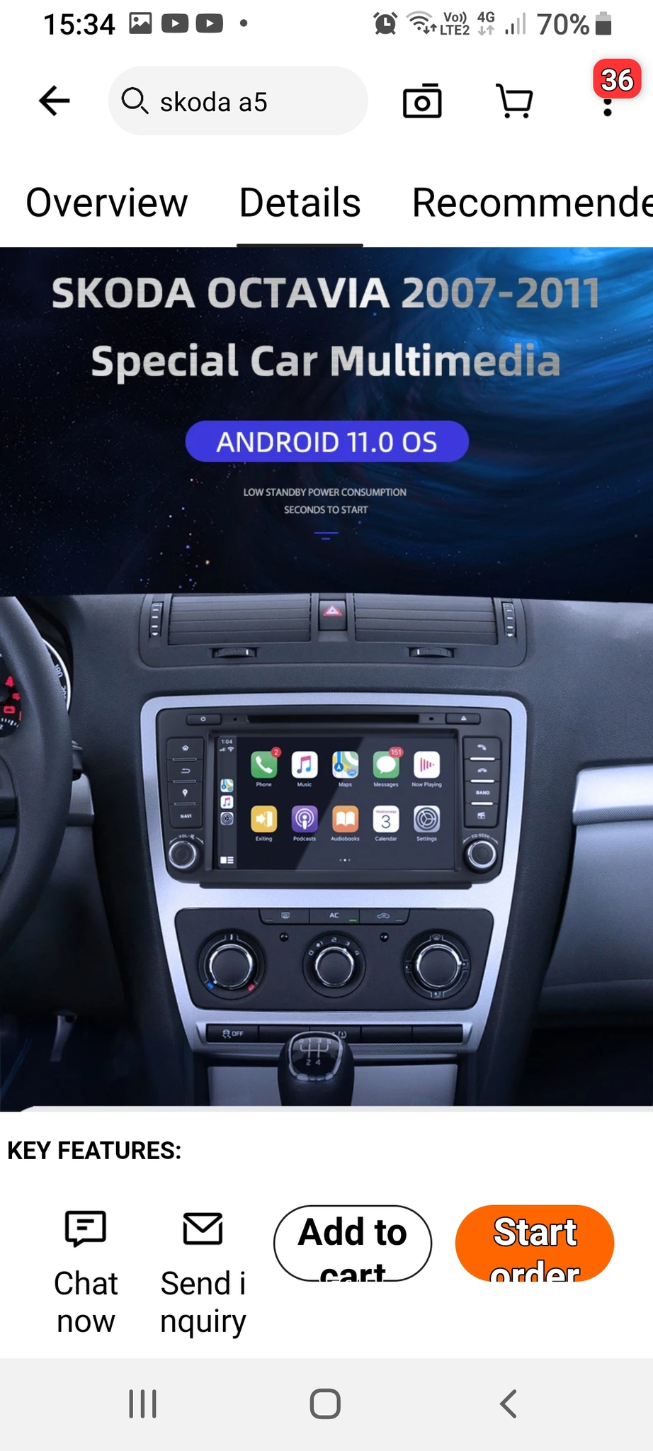 8"android 12 bilstereo SKODA OCTAVIA( 2009-2012) gps carplay android auto blåtand rds Dsp RAM:4GB, ROM:64GB,4G LTE