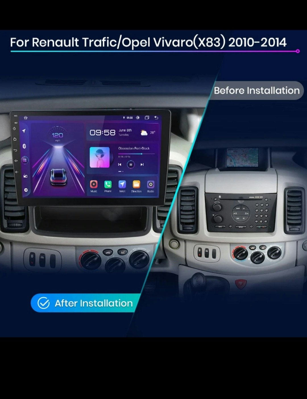 9"android 13, bilstereo  Renault  Traffic  ( 2010--2014) gps wifi carplay android auto blåtand rds Dsp RAM: 4GB, ROM: 64GB, 4G LTE