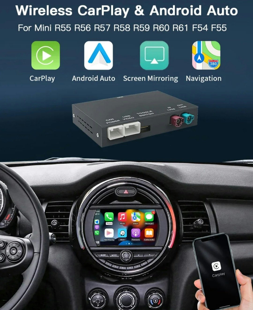 Carplay& Android  auto box, Mini cooper R55,R56,R57,R58,R60,R61, F54,F55,F56, Clubman,countryman, John Cooper works (2008--2023)