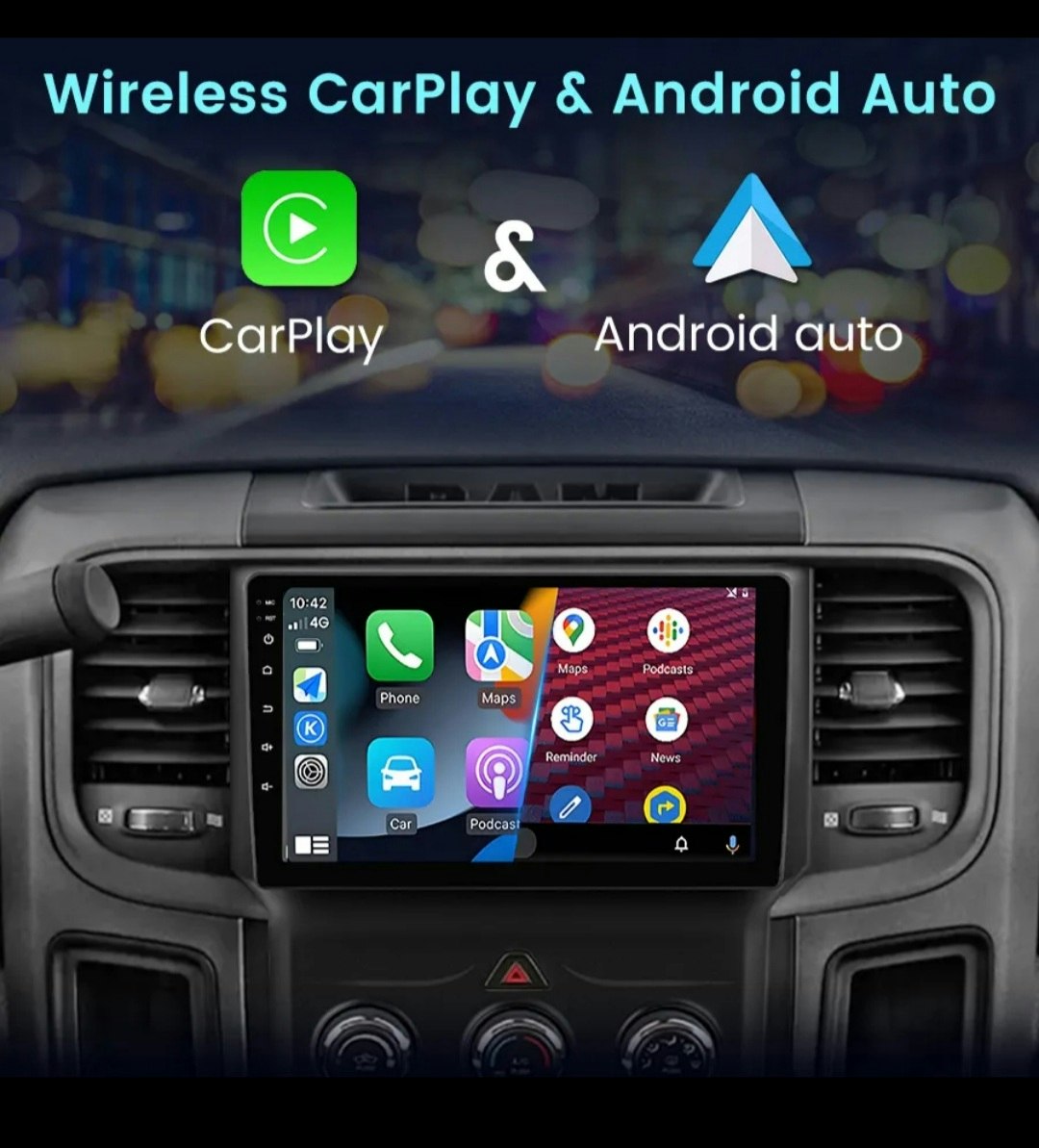 9"android 13 bilstereo  Dodge Ram  1500,2500,3500( 2013--2019) gps wifi carplay android auto blåtand rds Dsp RAM:4GB, ROM: 64GB, 4G LTE