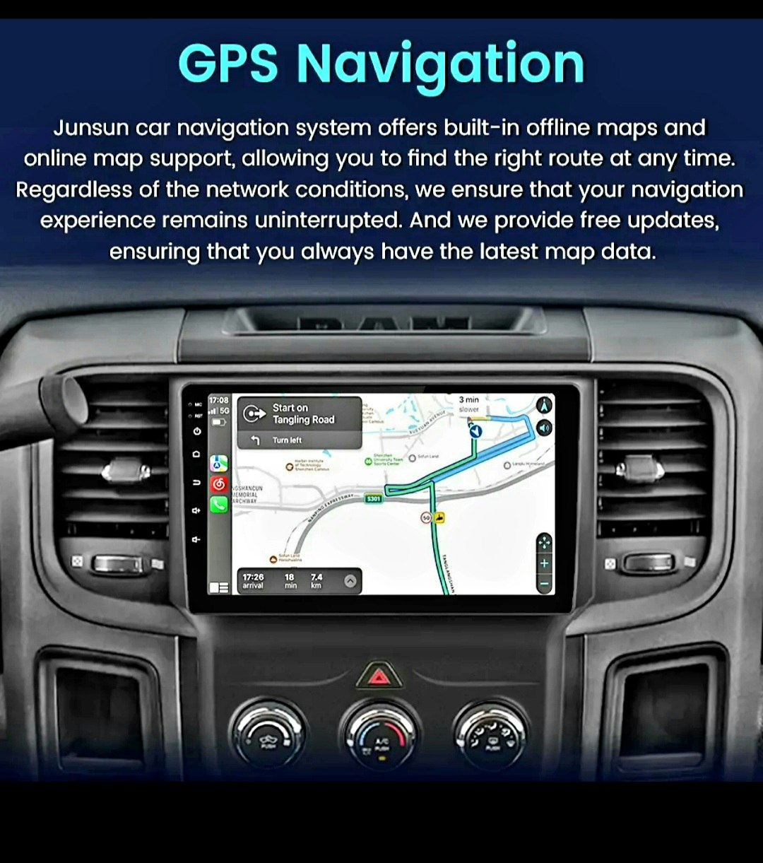 9"android 13 bilstereo  Dodge Ram  1500,2500,3500( 2013--2019) gps wifi carplay android auto blåtand rds Dsp RAM:4GB, ROM: 64GB, 4G LTE
