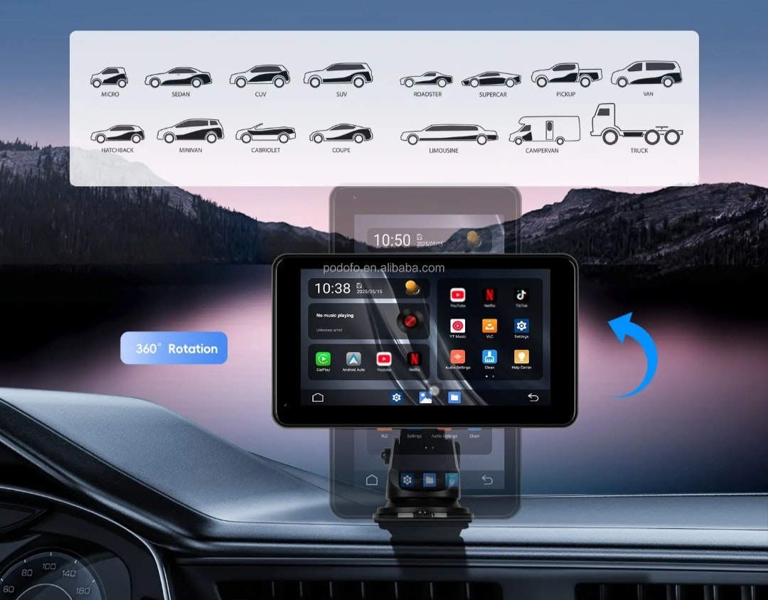 7-tums 2+32G Android 15, Bärbar Trådlös Carplay Android Auto HD-skärm Dubbel BT/WiFi GPS TYP-C Bilradio
