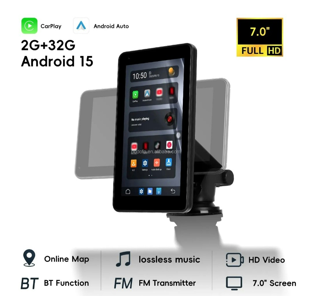 7-tums 2+32G Android 15, Bärbar Trådlös Carplay Android Auto HD-skärm Dubbel BT/WiFi GPS TYP-C Bilradio