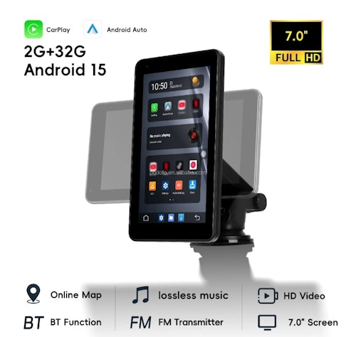7-tums 2+32G Android 15, Bärbar Trådlös Carplay Android Auto HD-skärm Dubbel BT/WiFi GPS TYP-C Bilradio
