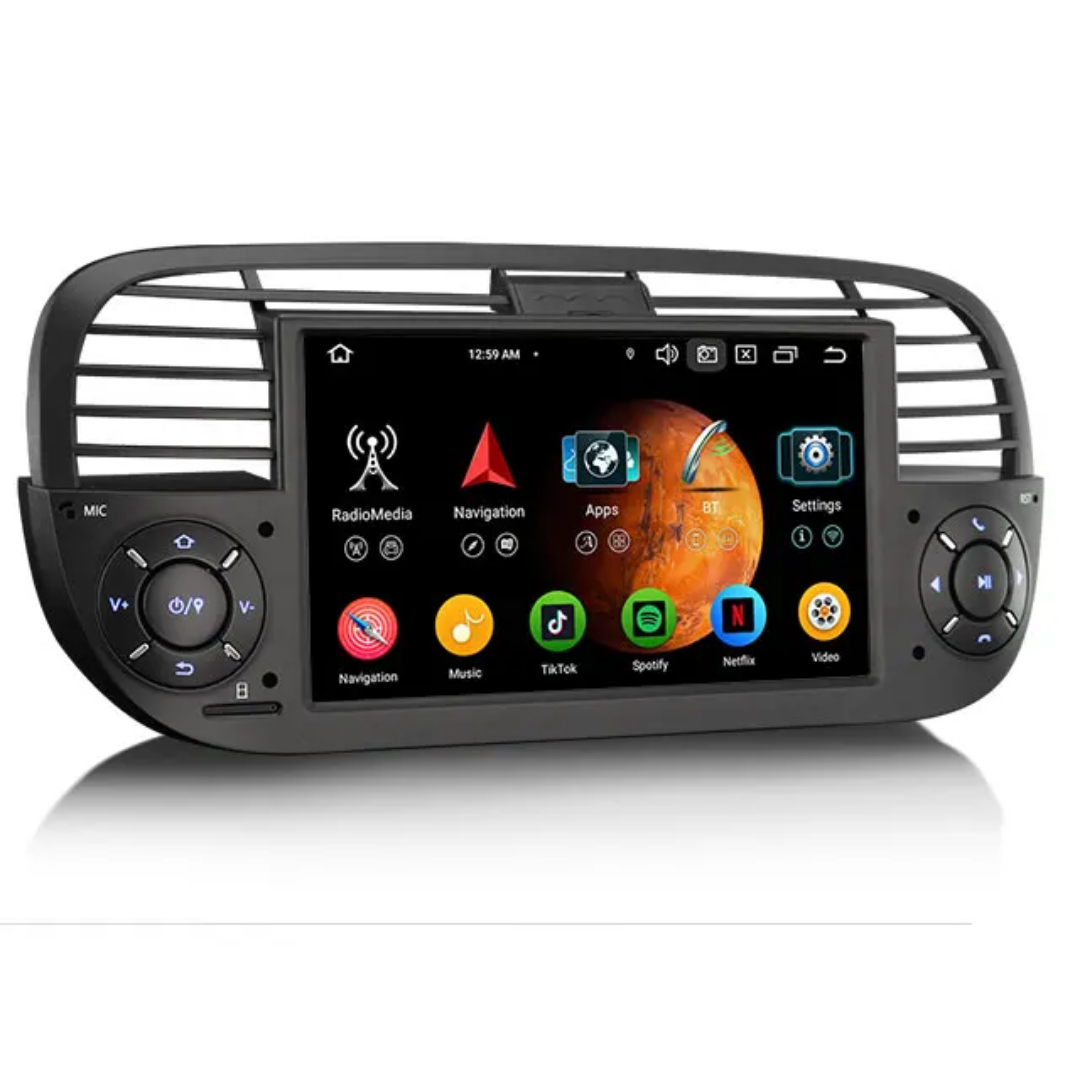 7"android 14 bilstereo   Fiat 500/500C/500S( 2008-2015)  gps wifi carplay android auto blåtand rds Dsp RAM: 4GB, ROM: 64GB, 4G LTE