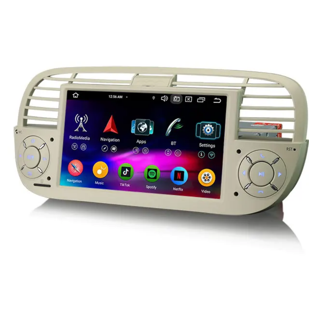 7"android 14 bilstereo   Fiat 500/500C/500S( 2008-2015)  gps wifi carplay android auto blåtand rds Dsp RAM: 4GB, ROM: 64GB, 4G LTE