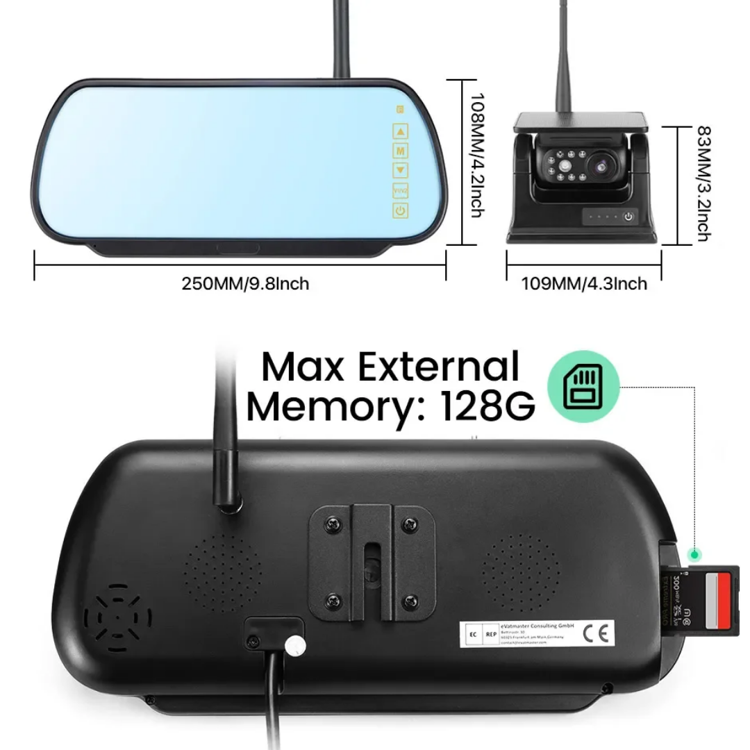 Trådlös 7-tums spegel-DVR-skärm med  2st solenergibaserad magnetisk wifi front& backkamera 9600mAh ,128GB  extra minne