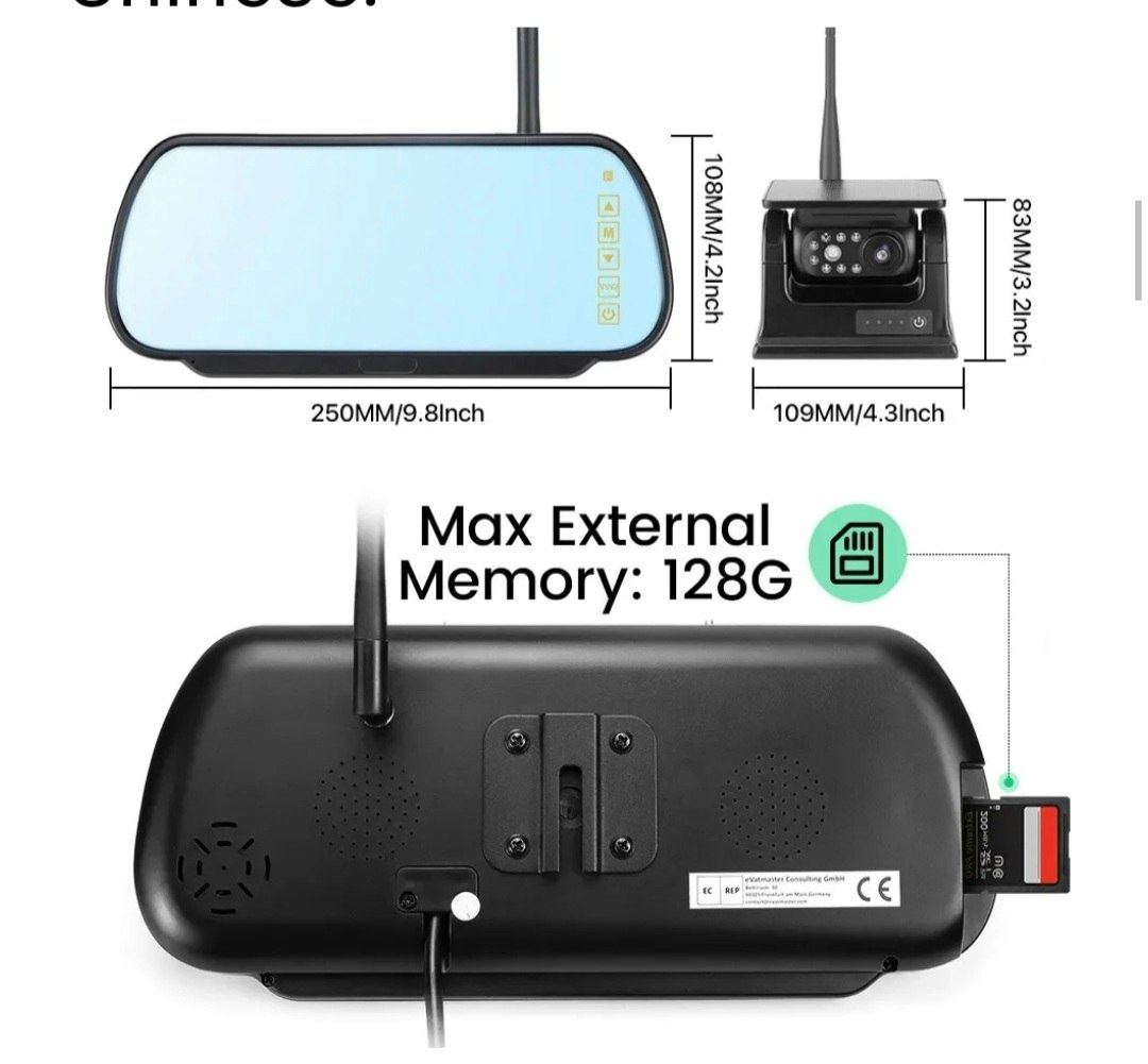 Trådlös 7-tums spegel-DVR-skärm med  2st solenergibaserad magnetisk wifi front& backkamera 9600mAh ,128GB  extra minne