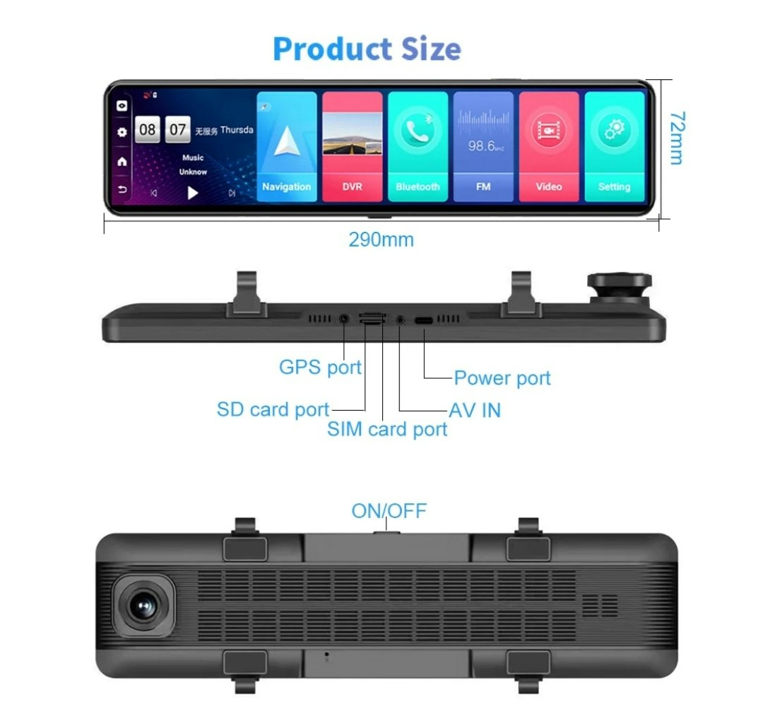 12" bilspegel  med Gps tracker, 4G,dvr 32GB, ADAS, Dual kamera
