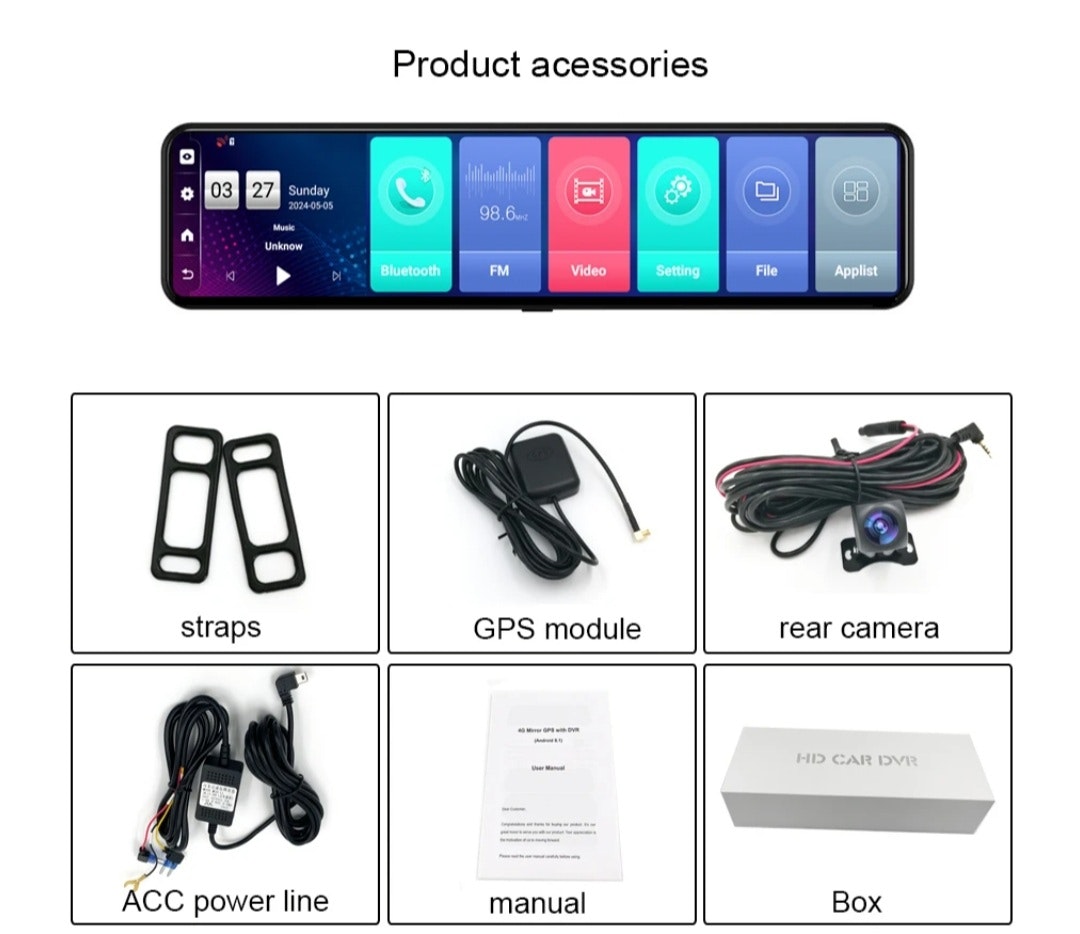 12" bilspegel  med Gps tracker, 4G,dvr 32GB, ADAS, Dual kamera