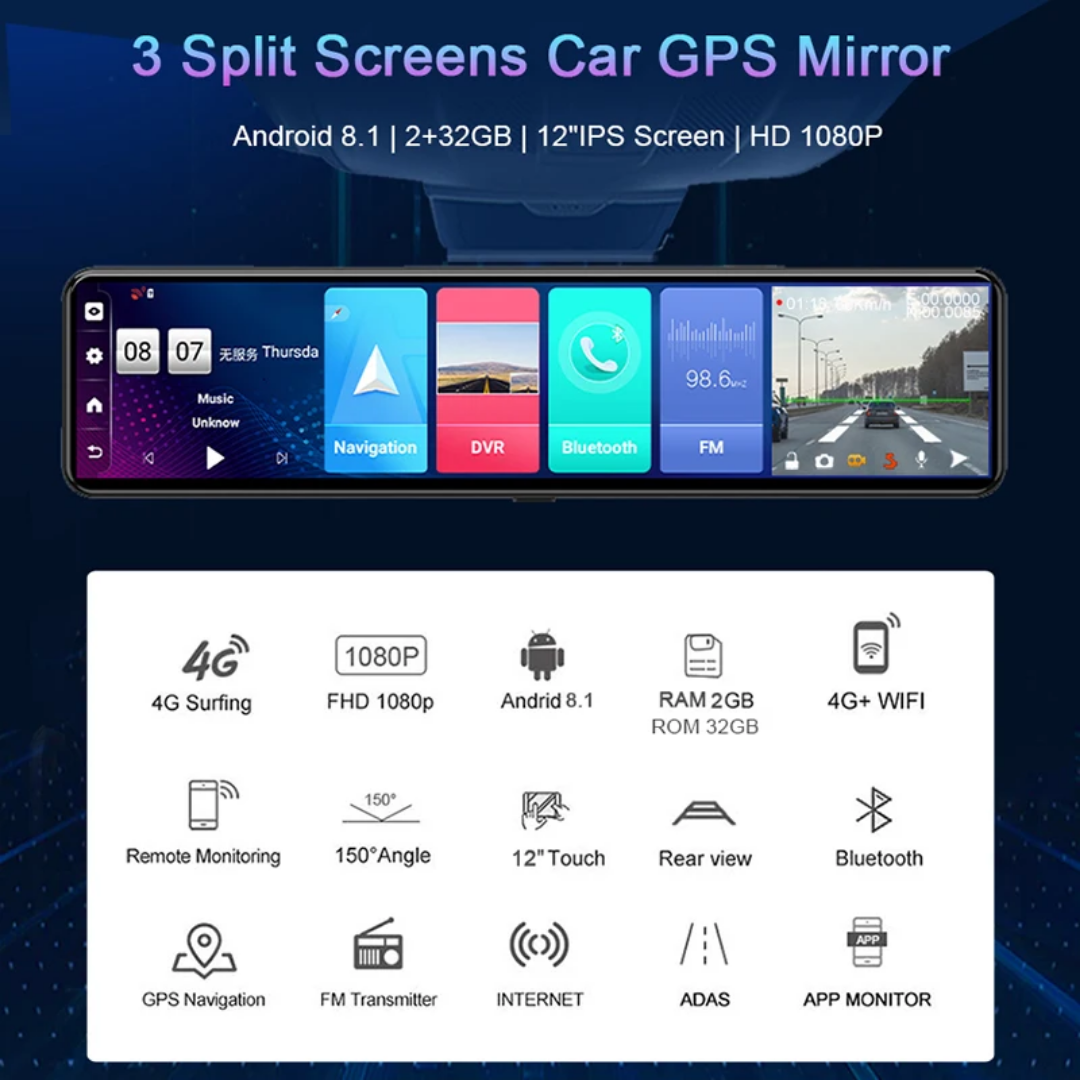 12" bilspegel  med Gps tracker, 4G,dvr 32GB, ADAS, Dual kamera