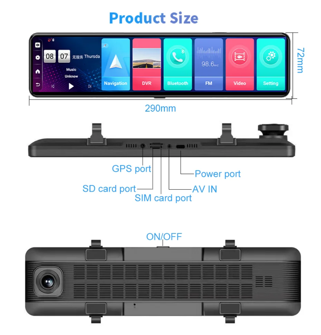 12" bilspegel  med Gps tracker, 4G,dvr 32GB, ADAS, Dual kamera