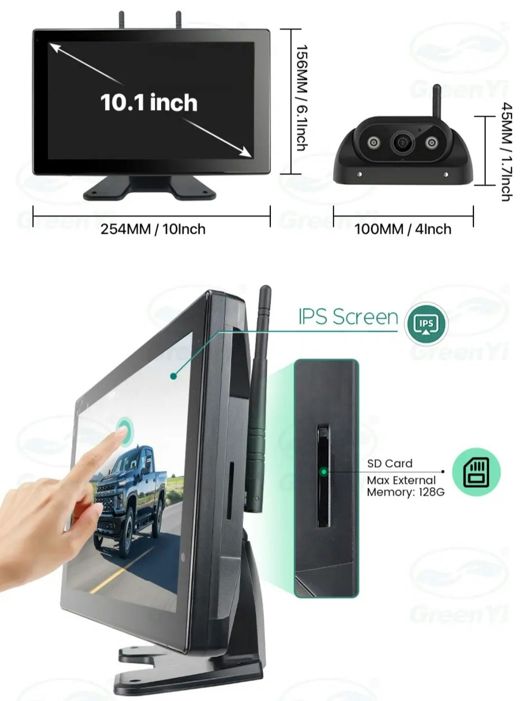 10,1'' AHD trådlös DVR-inspelningsmonitor pekskärm 4-kanals minikamera+ 128GB extra minne