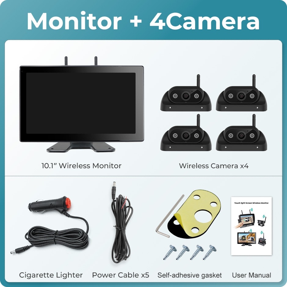 10,1'' AHD trådlös DVR-inspelningsmonitor pekskärm 4-kanals minikamera+ 128GB extra minne
