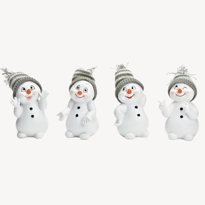 Snögubbe med grå/vit stickad mössa
