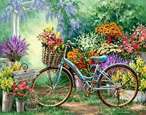 Blå sykkel og blomster