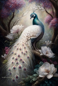 Påfugl med hvite halefjær  ©Morgana.fantasy.ai